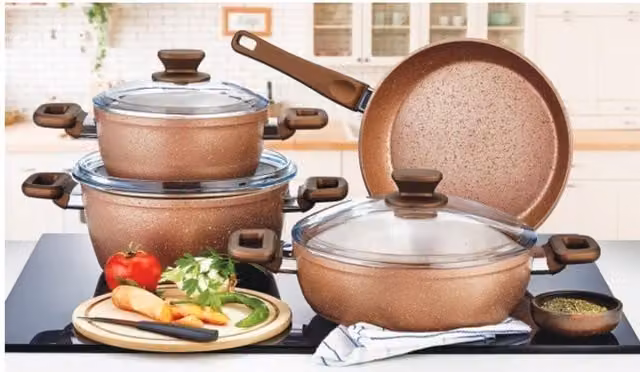 Evimsaray Defne Series 7-Piece Non-Stick Granite and Ceramic Cookware Set in Brown