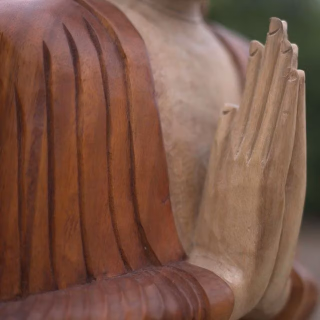 KDMK Hand Carved Suar Wood Buddha Statue, Brown Tabletop Ethnic Art