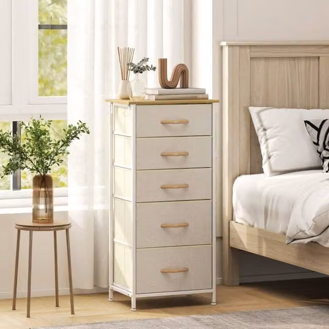 STILVORA Modern Beige Fabric and Metal Chest of Drawers with Storage – 1