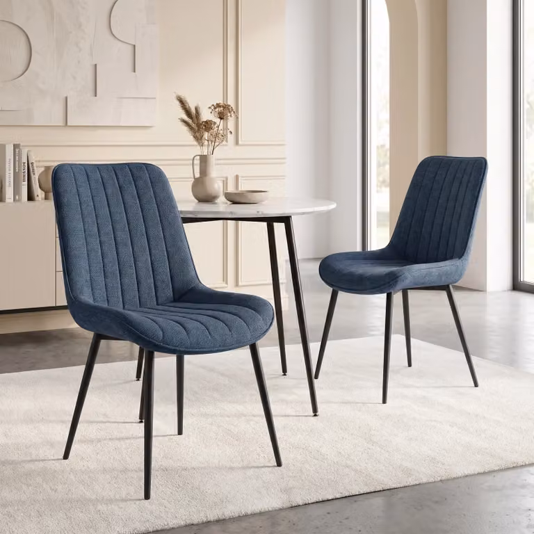 DHS Set of 2 Modern Vertical Striped Fabric Dining Chairs in Blue and Beige