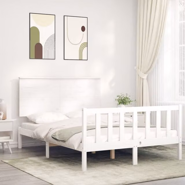 Berkfield Home Solid Wood Pine Bed Frame with Headboard in White, W/D/H: 120 x 200 cm