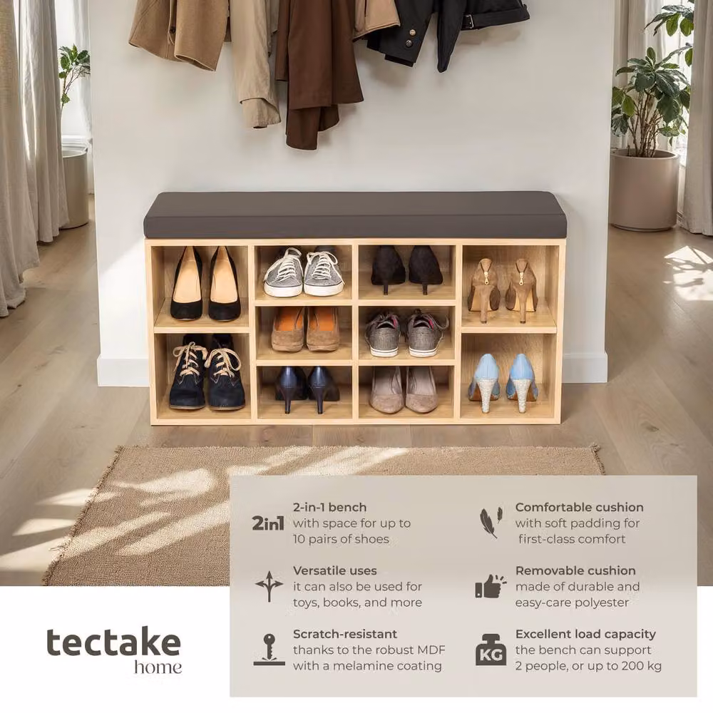 tectake Shoe Rack Max in Light Brown with Adjustable Shelves and Back Panel – 2