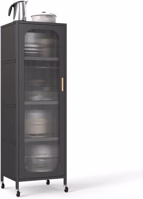Kelvenix Modern Matt Black Metal 5-Tier Tall Storage Cabinet with Glass Doors