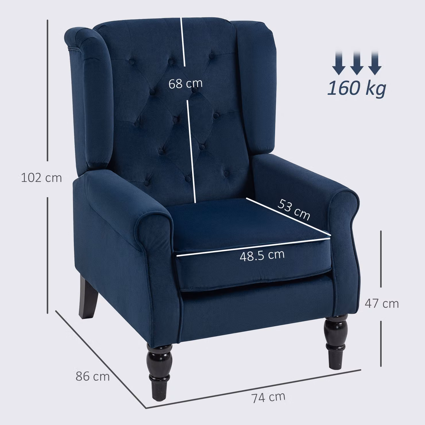 HOMCOM Retro Wingback Accent Chair in Dark Blue Velvet with Solid Wood Frame – 3