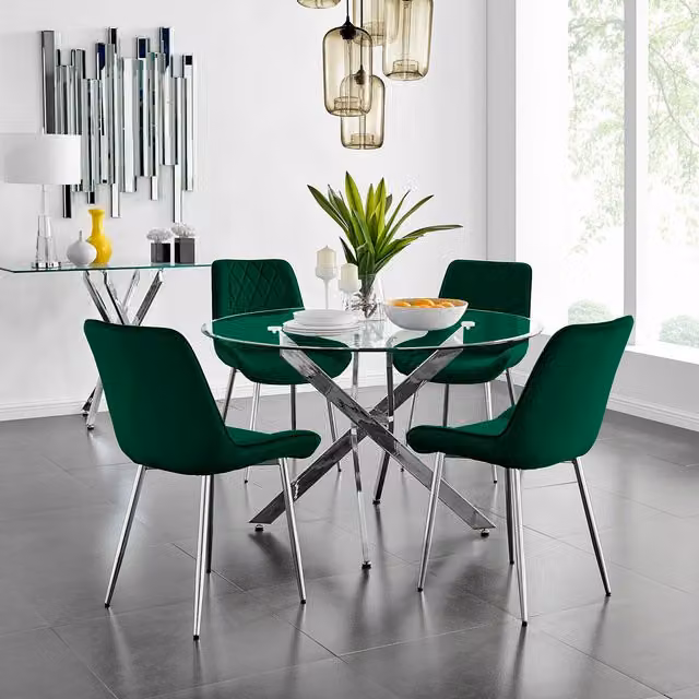 FurnitureboxUK Novara Round Glass Dining Table and Four Pesaro Upholstered Chairs in Green