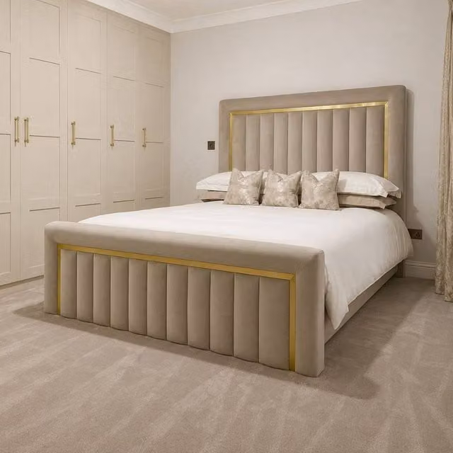 Stratus Interiors Sultan Gold Border Velvet Bed Frame in Beige with Lift Up Base, W/D/H: 200 x 182.88 x 127 cm