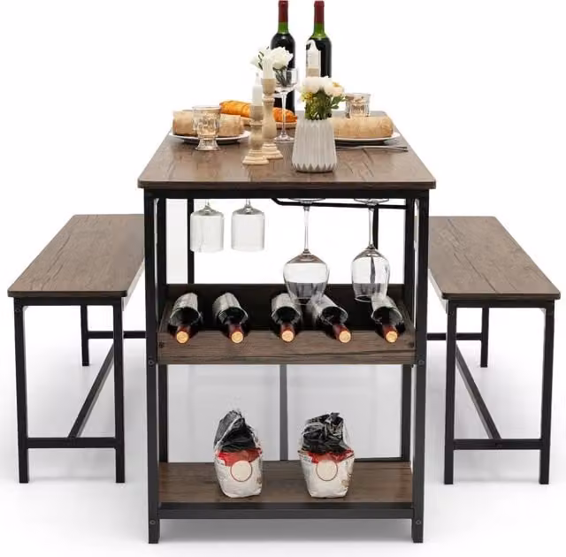 Gymax Brown Dining Table and 2 Benches Set with Wine Rack and Storage Shelf