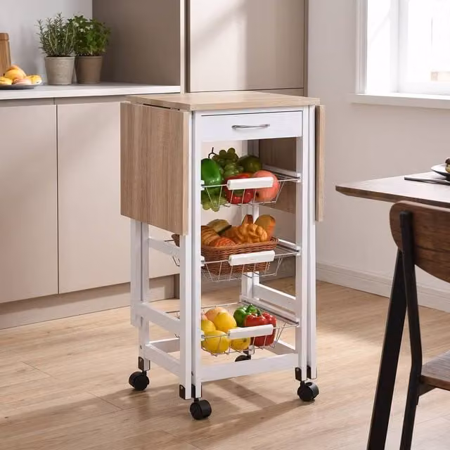 STILVORA Kitchen Trolley with Drop-Leaf Top and 3 Baskets in White