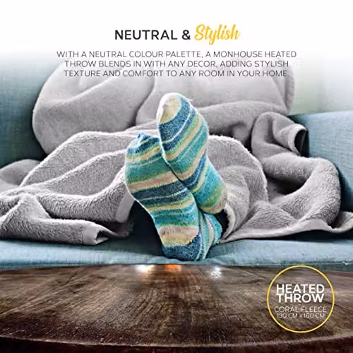 MONHOUSE Heated Electric Throw Silver Grey Plush Coral Fleece Blanket, W: 130 cm, D: 160 cm – 3