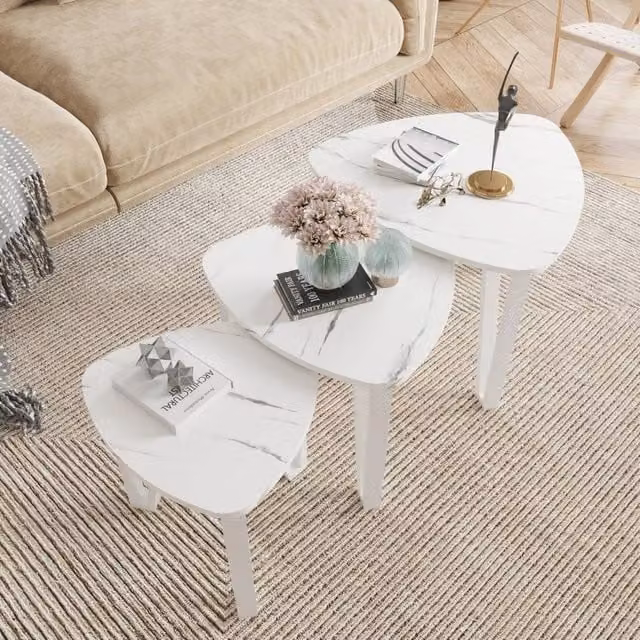 VOGREX Set of 3 Modern Triangular Nested Side Tables with White Marble Effect Tops and White Frames – 1