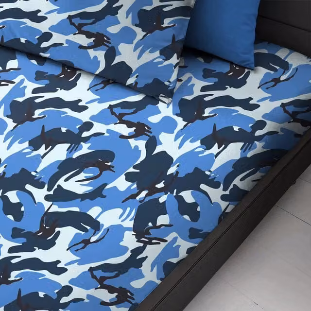Velosso Military Style Camouflage Fitted Sheet, Blue, Polycotton, W: 140 cm, L: 200 cm