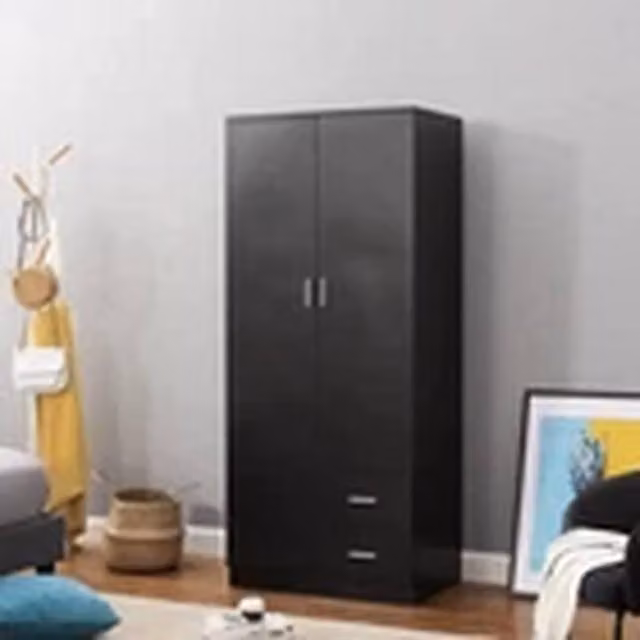 EONLION Modern 2 Door Matt Black Bedroom Wardrobe with Internal Shelves, Drawers and Hanging Rod