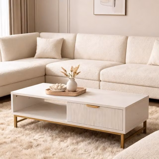 Furniture One Modern Rectangular Coffee Table with Drawer and Open Shelf in White