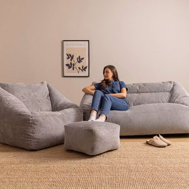 icon Cecilia Cord Bean Bag Sofa, Chair and Footstool Bundle in Grey