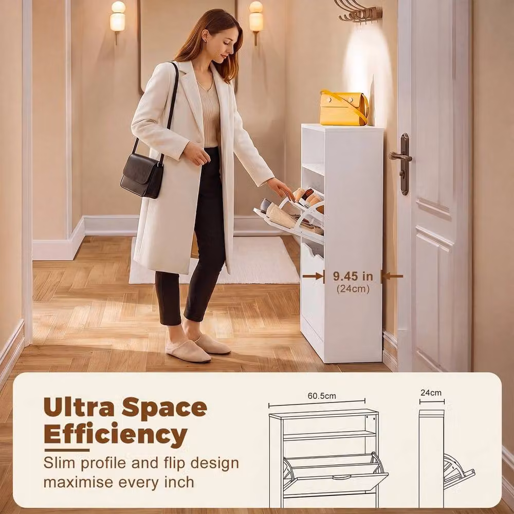 FLAVORA Modern 2 Drawer White Shoe Storage Cabinet with Tilting Compartments and Internal Shelves – 3