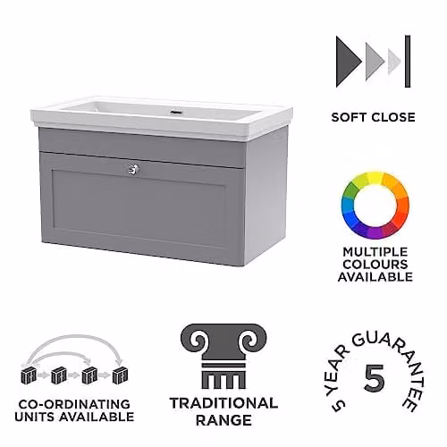 nuie Classique Traditional Wall Hung 1 Drawer Bathroom Vanity Unit and 0 Tap Hole Fireclay Basin, Satin Grey