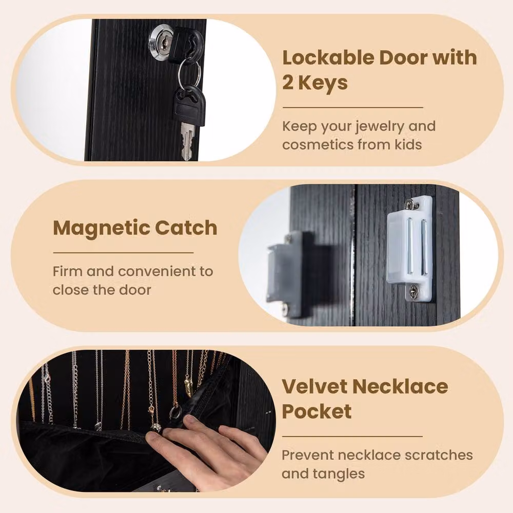 Costway 4 in 1 Swivel Lockable Jewelry Armoire with LED Lighting and Mirror in Black – 4