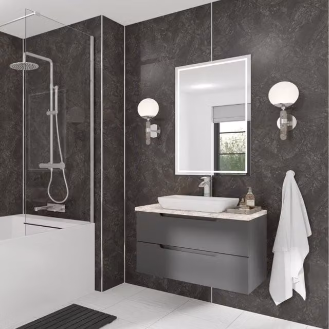 Wetwall Nero Marble Laminate Wall Panel Tongue and Groove, W: 88.0 cm, H: 242.0 cm, D: 1.1 cm, Black Stone Look