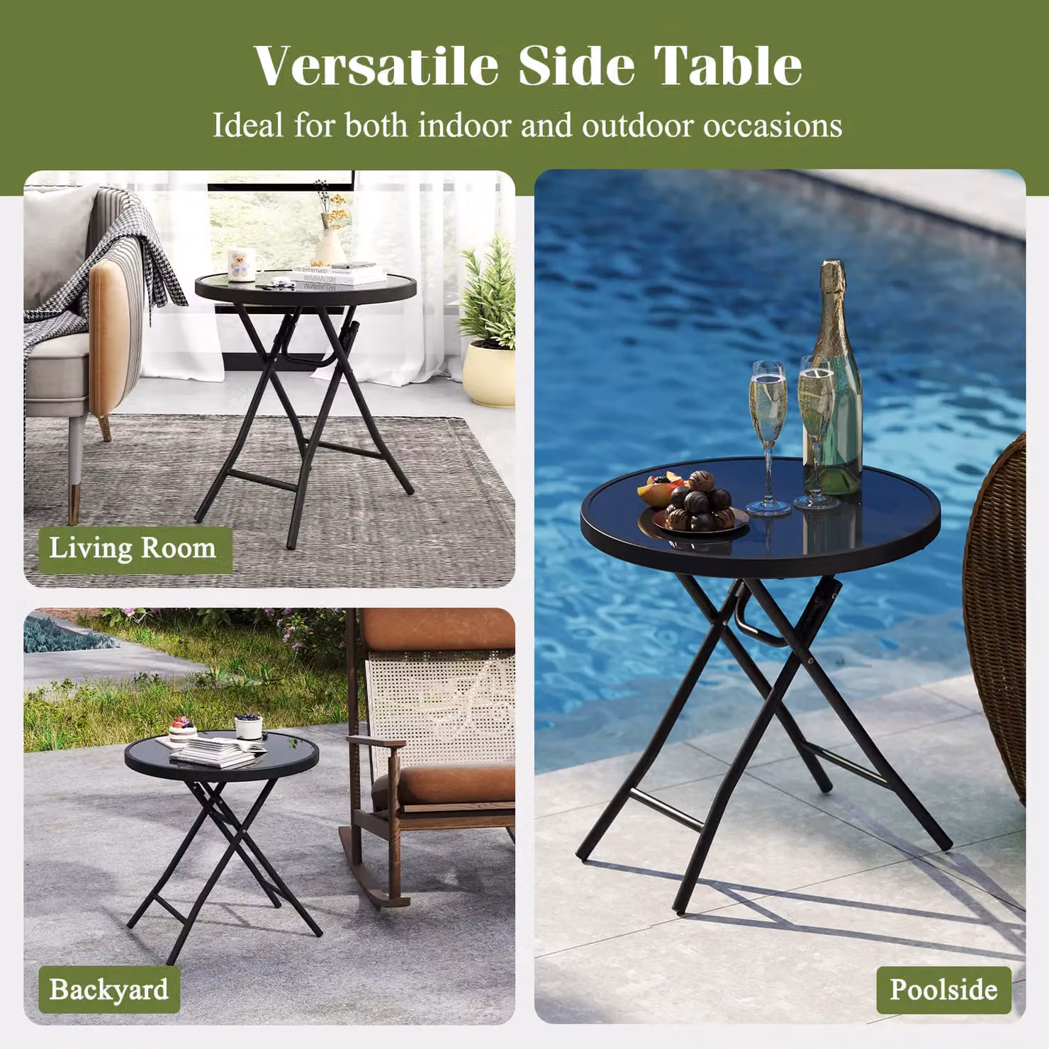 Costway Round Folding Glass Patio Coffee Table in Black – 3