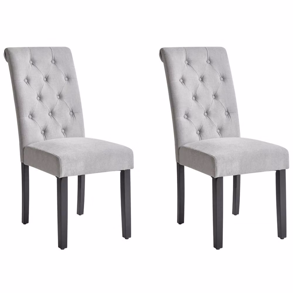 Wyld and Coco Set of 2 Grey Fabric Dining Chairs with Diamond Stitching and Pinewood Legs – 2