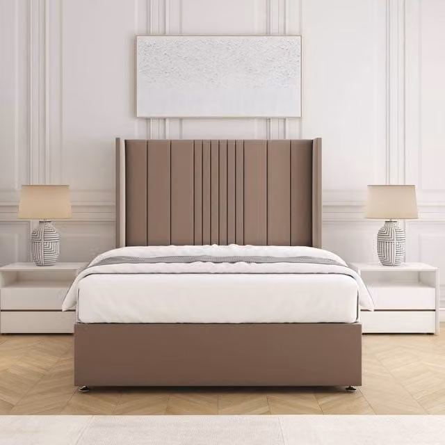 BSSPOKE Charlotte Double Divan Bed Set with 54 inch Headboard and Mattress in Taupe Plush Velvet, W/D/H: 140 x 200 cm