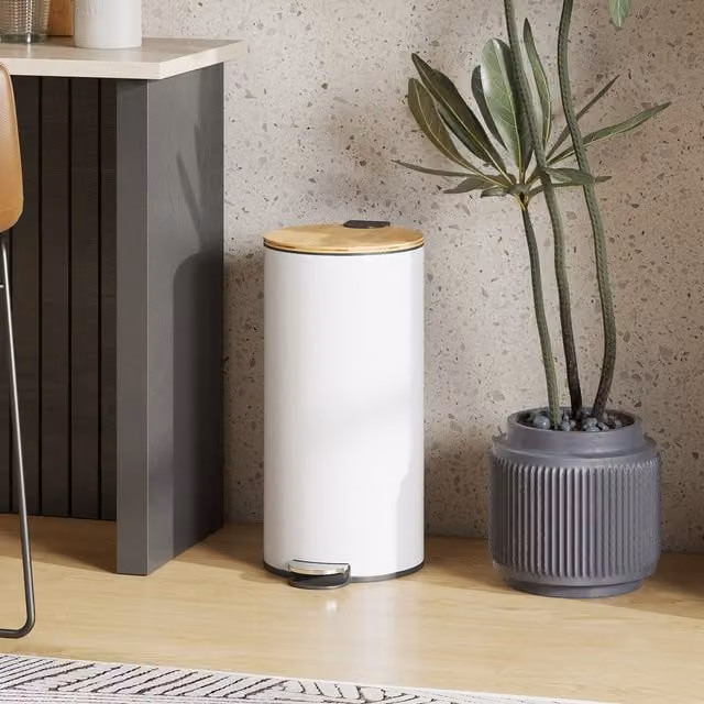 HOMCOM 30L Pedal Rubbish Bin with Removable Inner Bucket and Soft Close, White and Natural