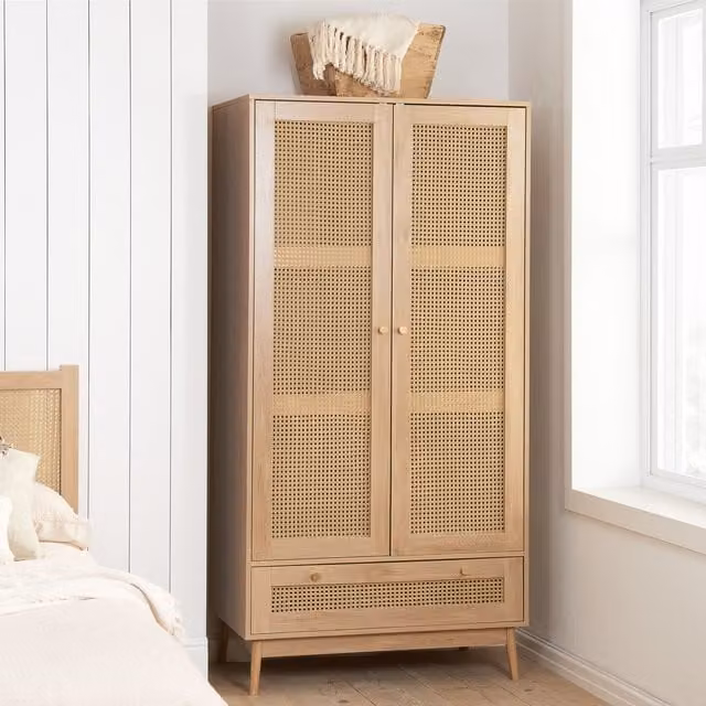 Birlea Croxley Mid Century Modern 2 Door Rattan and Oak Wardrobe with 1 Drawer in Sand and Gold – 1