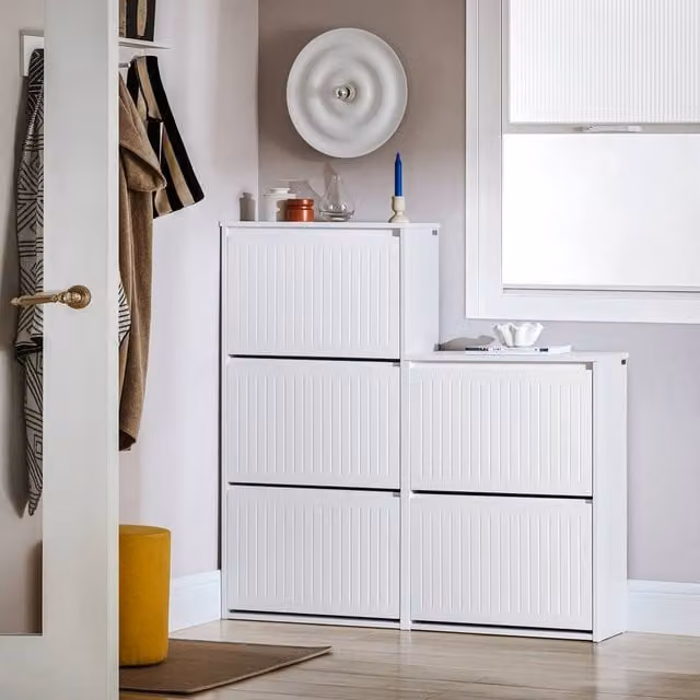 SoBuy Modern Slim White Matt Shoe Cabinet with Tilting Compartments and Internal Shelves