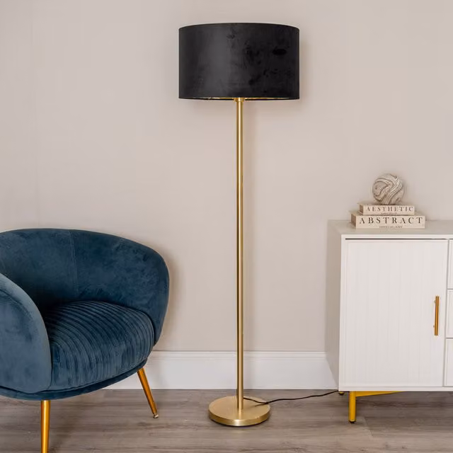 ValueLights Charlie Floor Lamp with Black Velvet Metallic Shade
