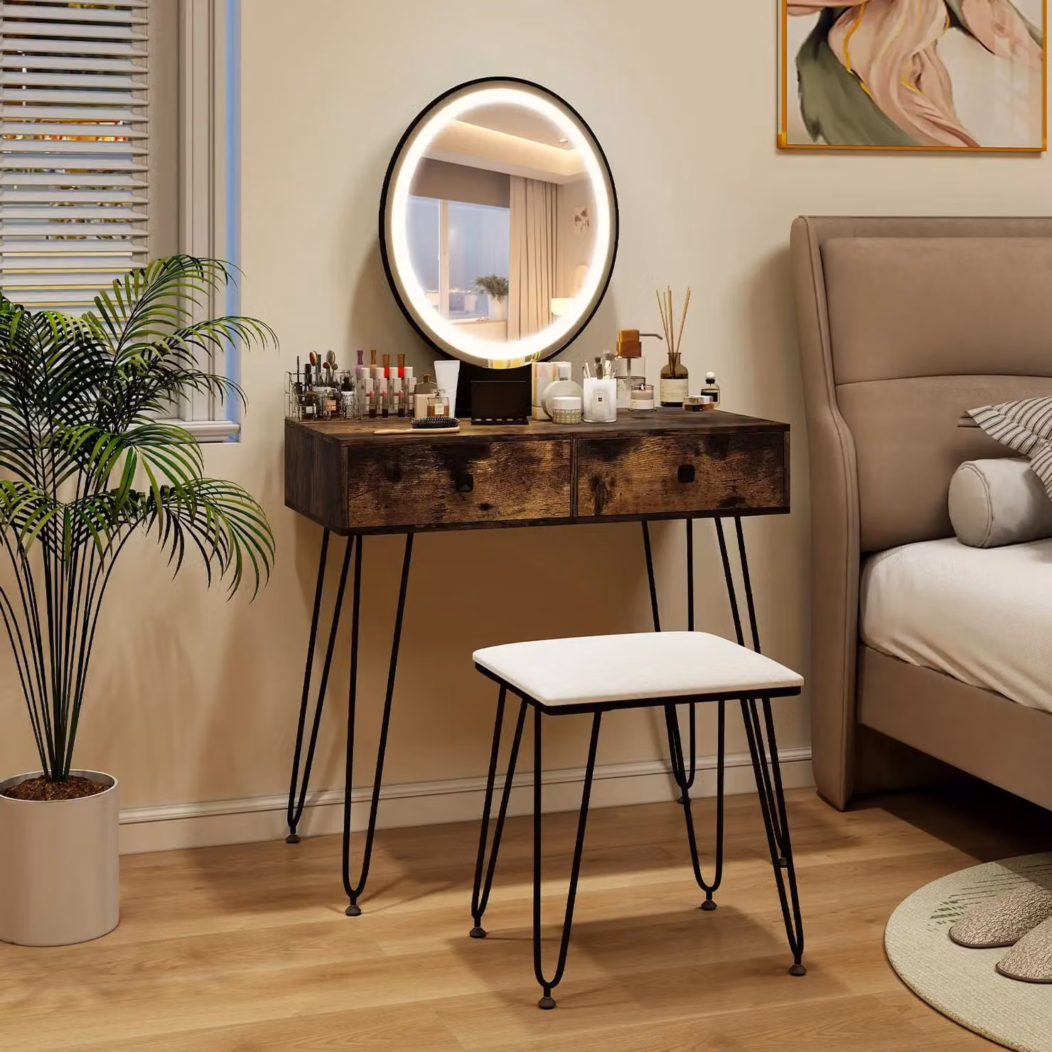 Costway Vanity Set Makeup Dressing Table with Hollywood LED Mirror and Soft Cushioned Stool in Brown and Gold – 5