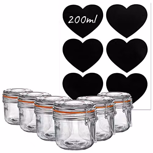 Argon Tableware Set of 6 Leakproof Glass Storage Jars with Clip Lids and Silicone Seals, 200ml, Transparent