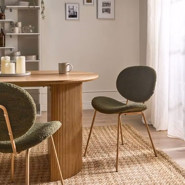 Wyld and Coco Set of 2 Dark Green Boucle Dining Chairs with Metal Legs