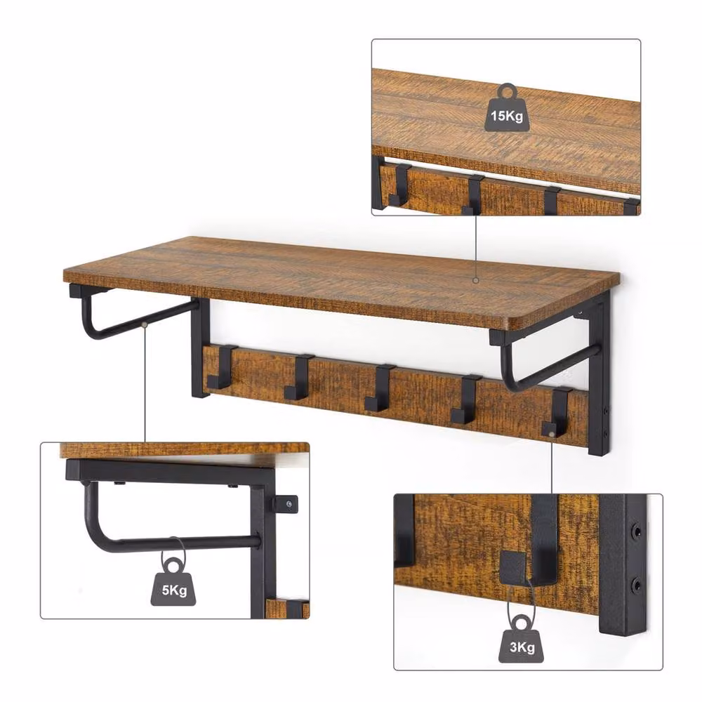 VOGREX Industrial 5 Hook Wall Coat Rack with Storage Shelf in Brown – 2