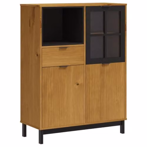 vidaXL FLAM Highboard in Brown Oak Solid Wood Pine with Glass Doors, W/D/H: 92 x 40 x 122.5 cm