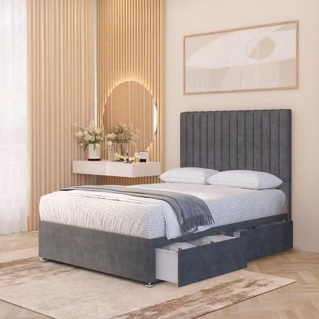 Somnior Beds Ltd Verona Velvet Orthopaedic Pocket Spring Divan Bed Set with Headboard and Drawers, Silver/Grey, W/D/H: 180 x 200 cm