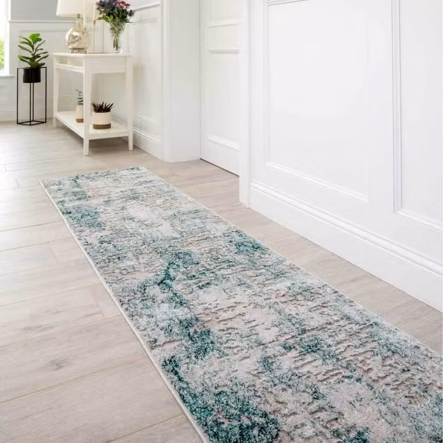 The Rug House Modern Distressed Abstract Textured Rectangular Area Rug, Green, W: 240 cm, D: 60 cm