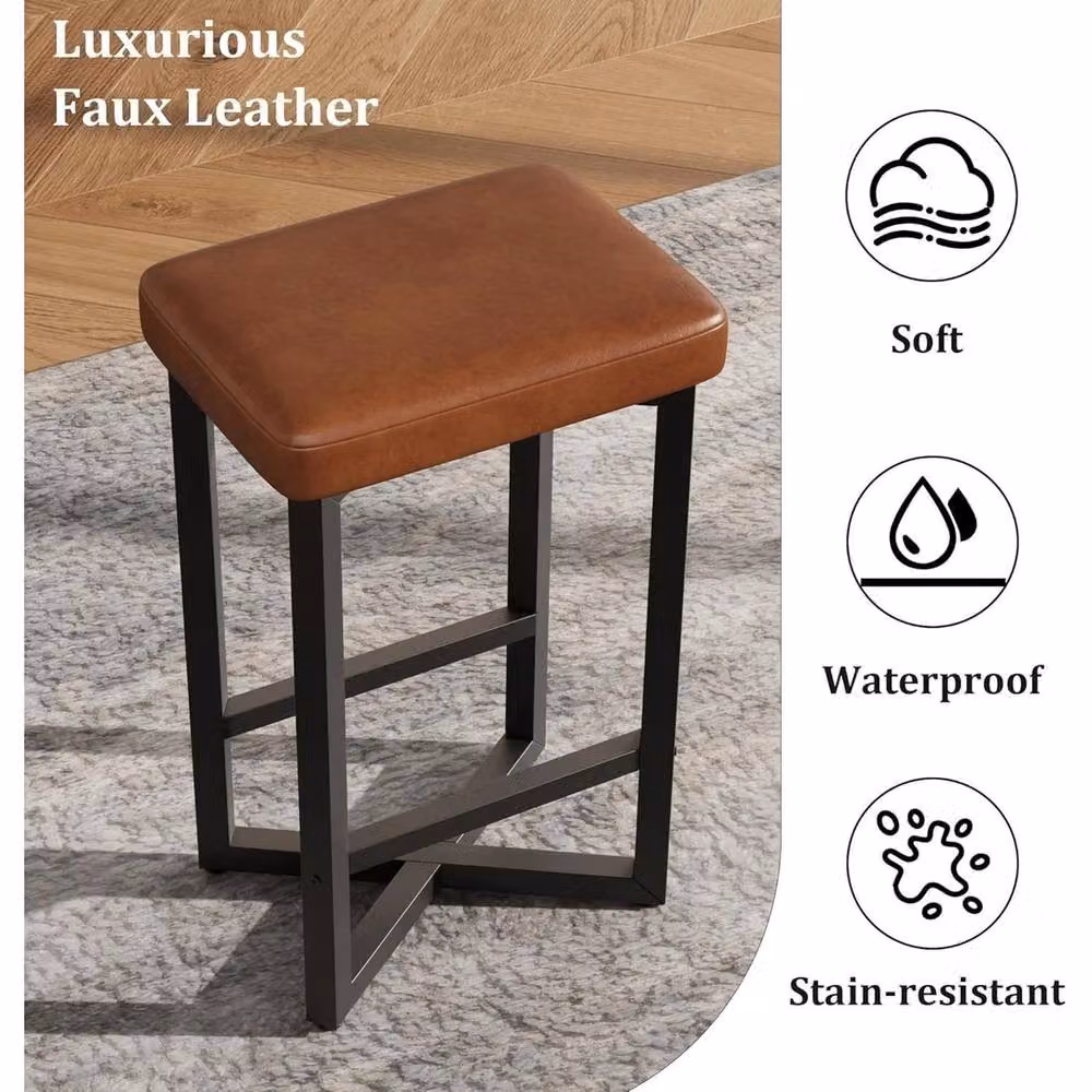 VOGREX Set of 4 Brown Synthetic Leather Upholstered Backless Counter Height Bar Stools with Metal Frames – 5