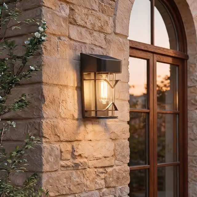 Living Star Solar Powered Modern Rectangular Outdoor Wall Lights in Black and Transparent with Warm White Up and Down Lighting and Dusk Sensor
