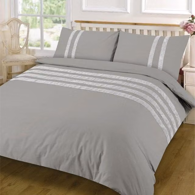 HomeSpace Direct Lace Dia Grey Cotton Duvet Cover Set, 200 x 200 cm