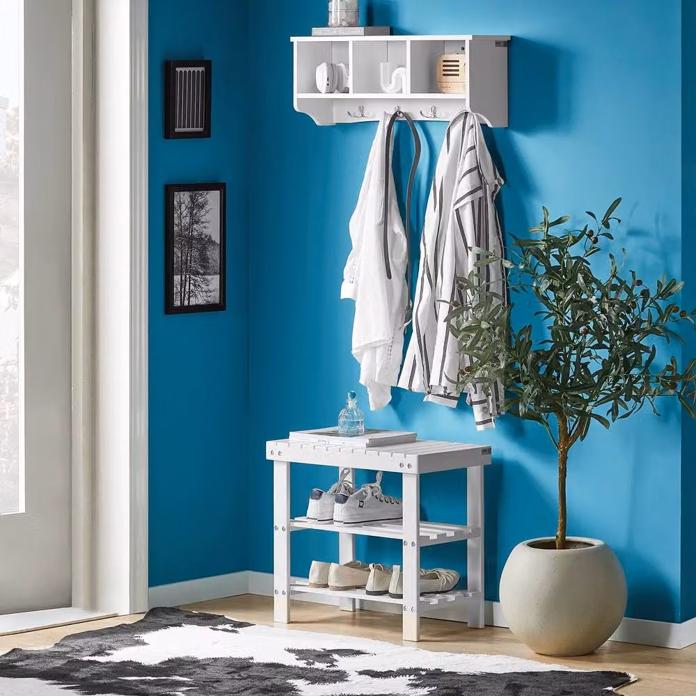 SoBuy White Solid Wood Slatted Entrance Shoe Rack and Bench – 2