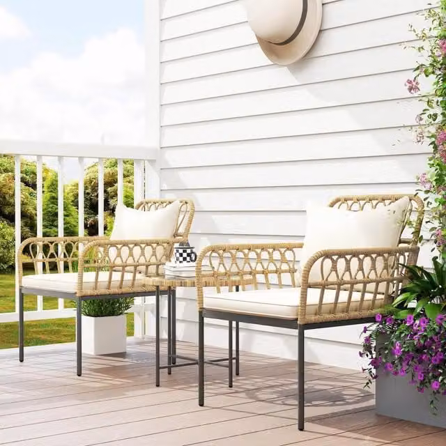 Chilli Seating Ios Bistro Set in Beige with Rattan, Metal and Glass