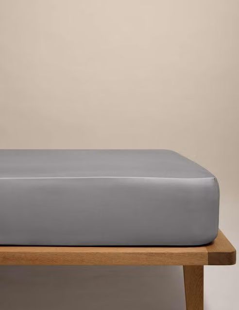 M&S Egyptian Cotton 400 Thread Count Mako Satin Silky Deep Fitted Sheet in Grey, W/D/H: 200 x 200 cm