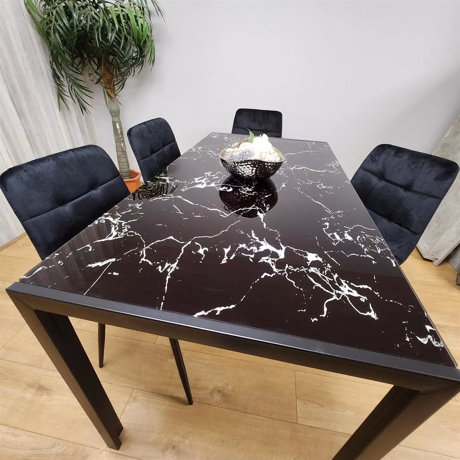Kosy Koala Modern Black Glass Marble Effect Dining Table Set with 4 Black Velvet Chairs in Brown – 3