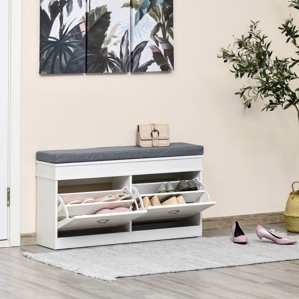 STILVORA Shoe Storage Bench with Cushion and Flip Drawers in White – 7