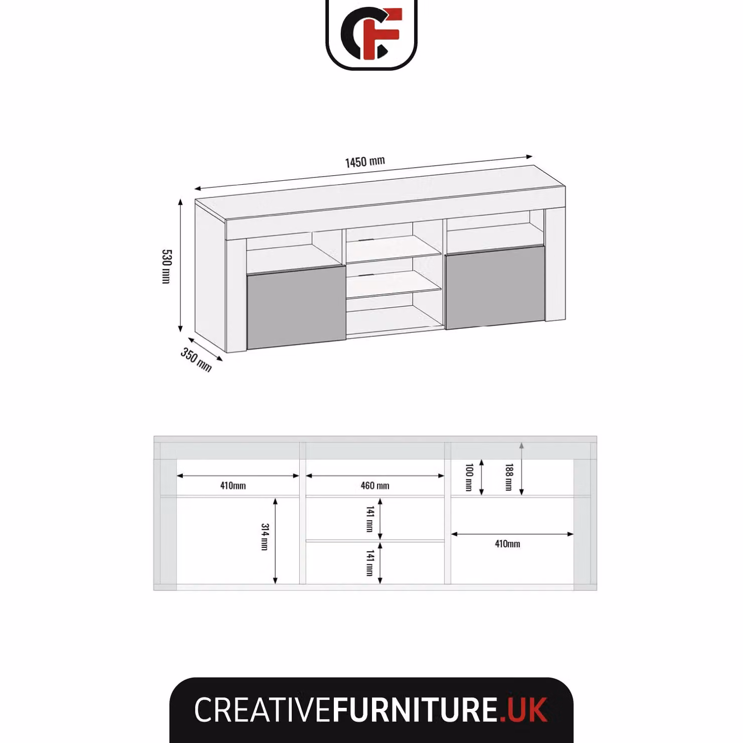 Creative Furniture Pulse TV Unit in Black with Glossy Doors and LED Lights, W: 145 cm, H: 53 cm, D: 35 cm – 3