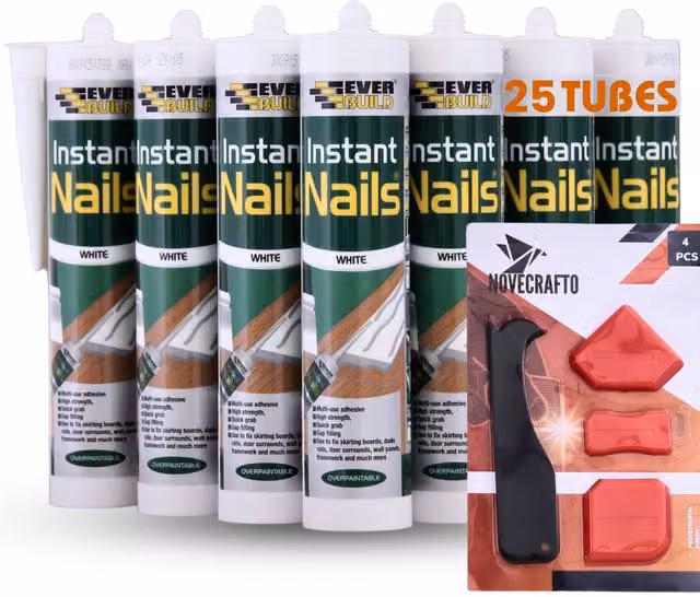NOVECRAFTO No More Nails Solvent-Free Bonding Glue, 25 Tubes in White with 4-Piece Caulking Tool Kit
