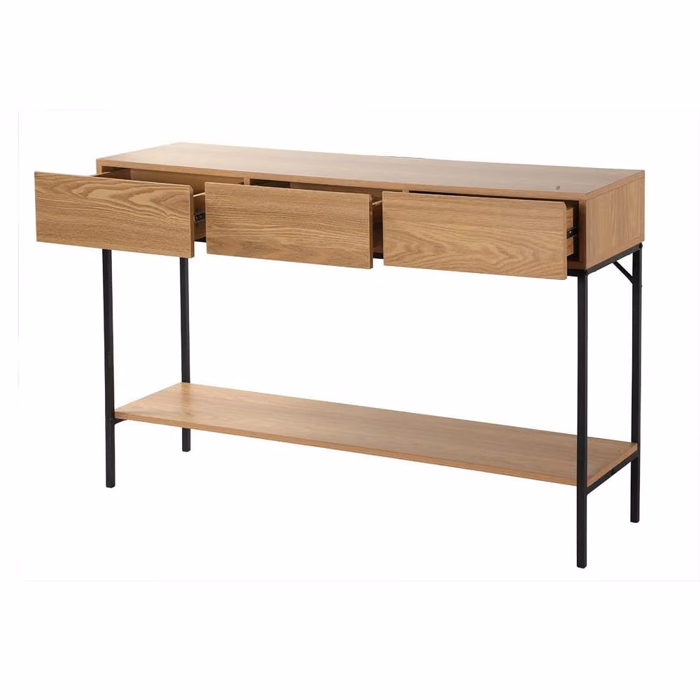 CALICOSY Tessa 3-Drawer Console Table with 1 Shelf, Brown and Black Wood and Metal Finish, W: 120 cm, D: 35 cm, H: 80.5 cm – 4