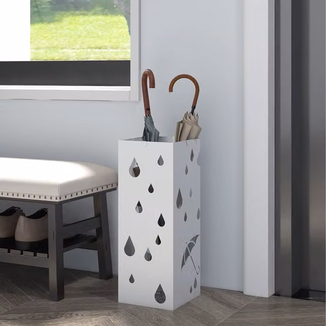 HOMCOM Modern Square Metal Umbrella Stand with 4 Hooks in White
