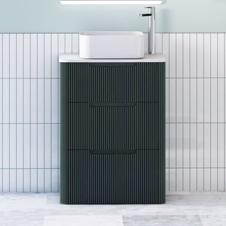 Royal Bathrooms Avenza Floor Standing Vanity Unit with 3 Drawers and Plain White Worktop in Deep Moss Green