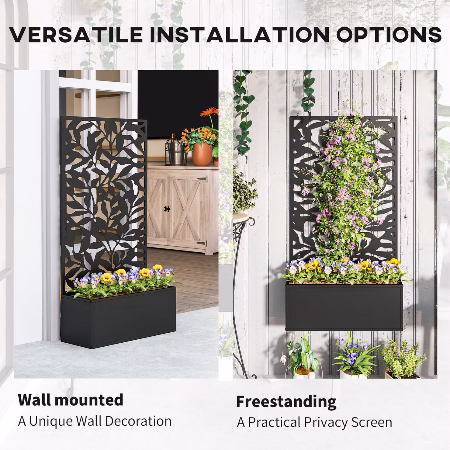 Outsunny Metal Garden Raised Bed with Trellis and Privacy Panel, Black, W: 58.0 cm, D: 30.3 cm, H: 24.0 cm – 5